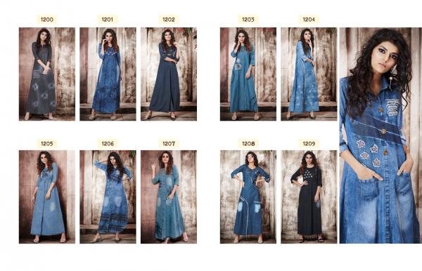 kajree kayara long denim with work gown style kurtis edition